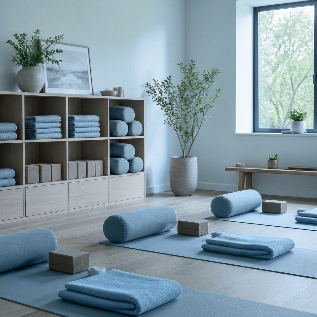 Minimalist yoga studio with folded blankets and bolsters